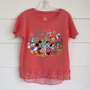 Disney Parks Multi-Characters Kids Coral Pink Embroidered T-Shirt flare hem